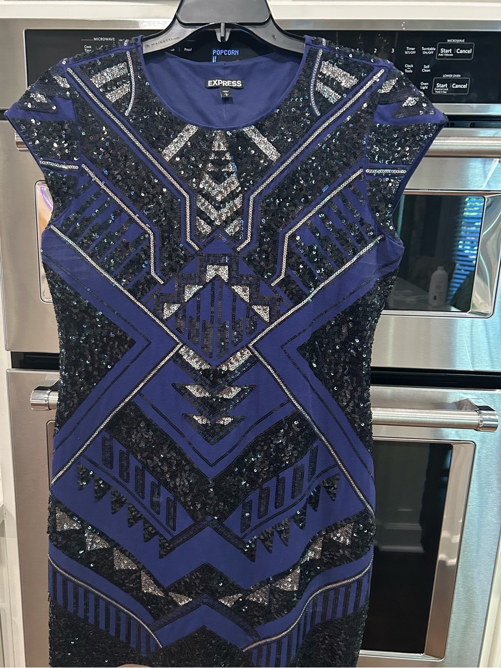 Express Navy and Silver Sequin Geometric Sheath Dress